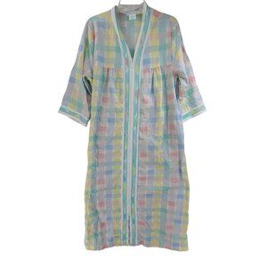 National Vintage Pastel Plaid Zip Patio House Muumuu Dress with Pockets Large